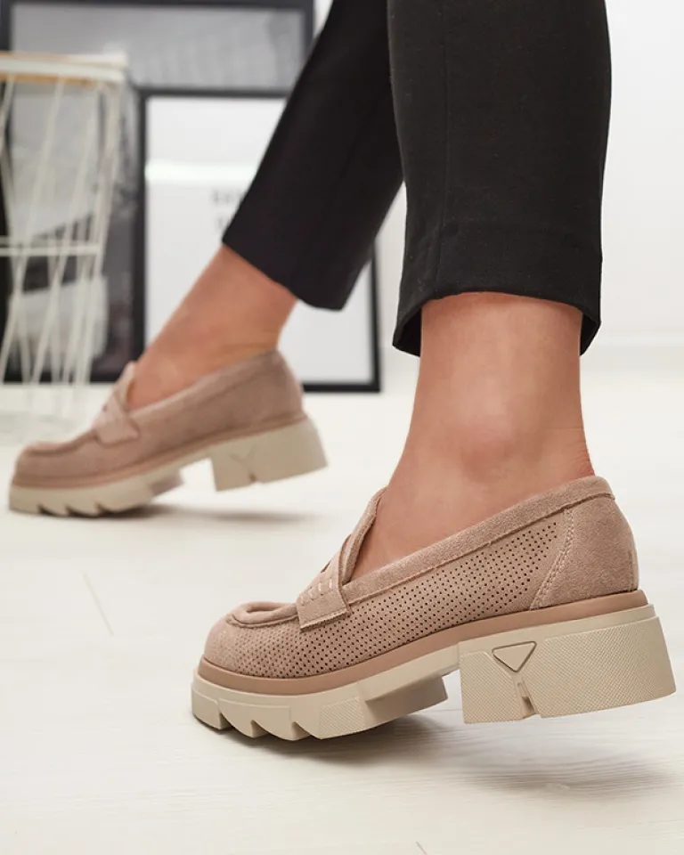 Online Jasnobrązowe damskie ażurowe mokasyny na masywnej podeszwie Ejina Półbuty|Mokasyny Na Płaskiej Podeszwie