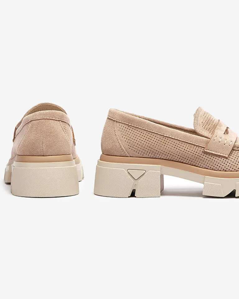 Online Jasnobrązowe damskie ażurowe mokasyny na masywnej podeszwie Ejina Półbuty|Mokasyny Na Płaskiej Podeszwie