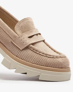 Online Jasnobrązowe damskie ażurowe mokasyny na masywnej podeszwie Ejina Półbuty|Mokasyny Na Płaskiej Podeszwie