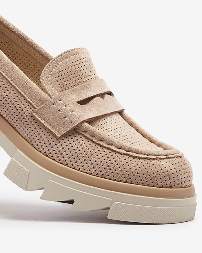 Online Jasnobrązowe damskie ażurowe mokasyny na masywnej podeszwie Ejina Półbuty|Mokasyny Na Płaskiej Podeszwie