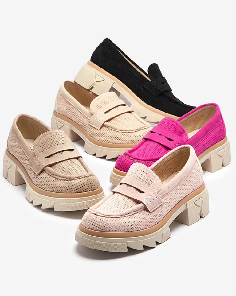 Online Jasnobrązowe damskie ażurowe mokasyny na masywnej podeszwie Ejina Półbuty|Mokasyny Na Płaskiej Podeszwie