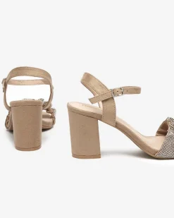 Jasnobrązowe damskie sandałki na słupku z cyrkoniami Triesta Buty Na Wielkie Wyjście|Sandały Na Słupku