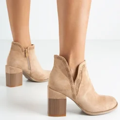 Hot Jasnobrązowe botki na kwadratowym obcasie Lemere Botki Bez Ocieplenia|Botki Na Słupku