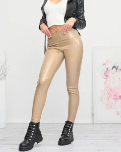 Hot Jasnobrązowe damskie winylowe legginsy Eko Skórzane|Legginsy / Tregginsy