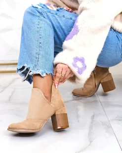 Clearance Jasnobrązowe damskie botki na słupku Rictisa Botki Z Delikatnym Ociepleniem|Botki Na Słupku