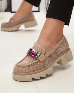 Best Jasnobrązowe ażurowe mokasyny damskie z ozdobą Bokkso Mokasyny Na Płaskiej Podeszwie