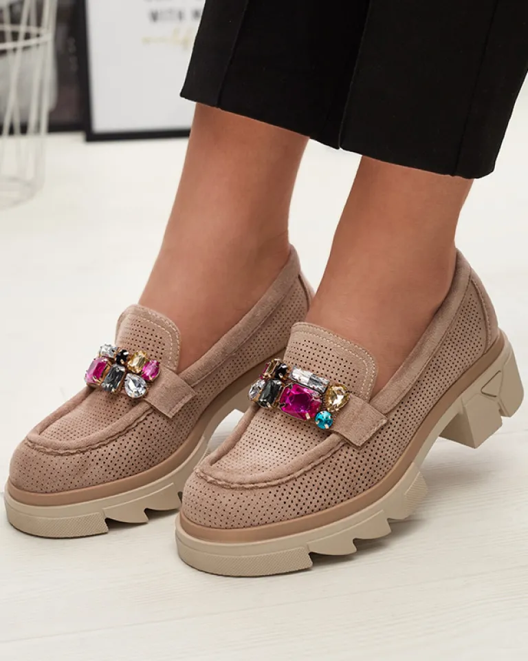 Best Jasnobrązowe ażurowe mokasyny damskie z ozdobą Bokkso Mokasyny Na Płaskiej Podeszwie