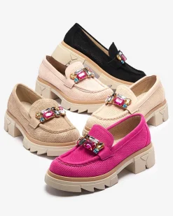 Best Jasnobrązowe ażurowe mokasyny damskie z ozdobą Bokkso Mokasyny Na Płaskiej Podeszwie