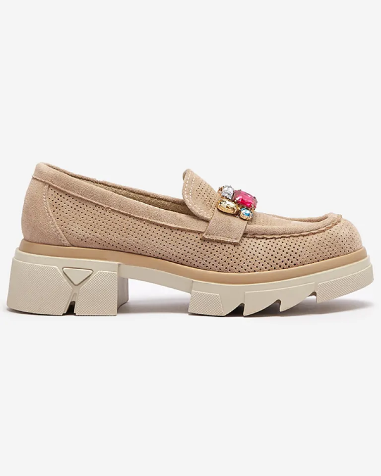 Best Jasnobrązowe ażurowe mokasyny damskie z ozdobą Bokkso Mokasyny Na Płaskiej Podeszwie