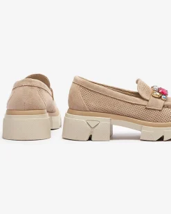 Best Jasnobrązowe ażurowe mokasyny damskie z ozdobą Bokkso Mokasyny Na Płaskiej Podeszwie