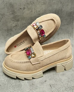 Best Jasnobrązowe ażurowe mokasyny damskie z ozdobą Bokkso Mokasyny Na Płaskiej Podeszwie