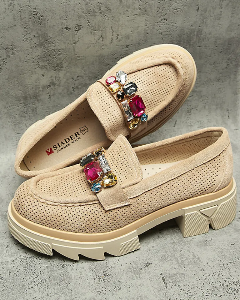 Best Jasnobrązowe ażurowe mokasyny damskie z ozdobą Bokkso Mokasyny Na Płaskiej Podeszwie