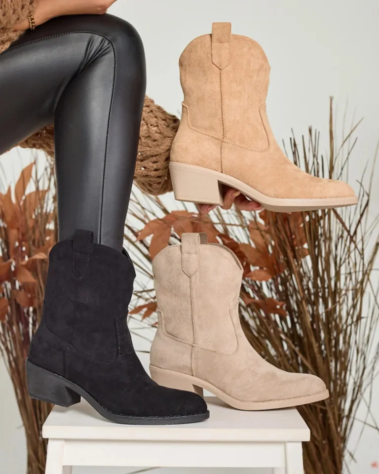 Discount Jasnobrązowe damskie ocieplane botki typu kowbojki Bronco Botki Z Grubym Ociepleniem|Kowbojki