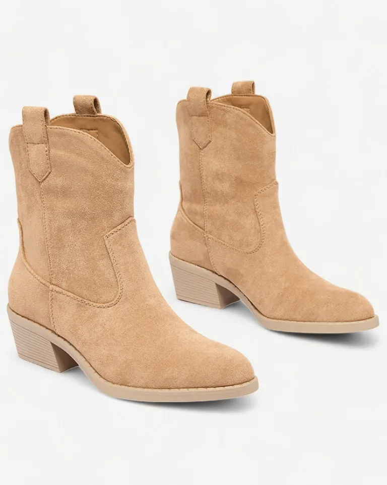 Discount Jasnobrązowe damskie ocieplane botki typu kowbojki Bronco Botki Z Grubym Ociepleniem|Kowbojki