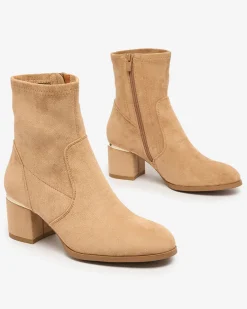 Clearance Jasnobrązowe botki damskie na niskim słupku Rejerra Botki Bez Ocieplenia|Botki Na Słupku