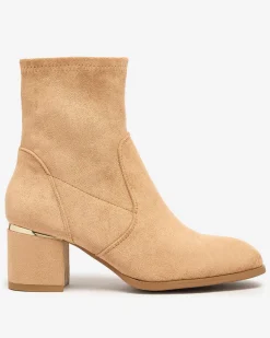 Clearance Jasnobrązowe botki damskie na niskim słupku Rejerra Botki Bez Ocieplenia|Botki Na Słupku