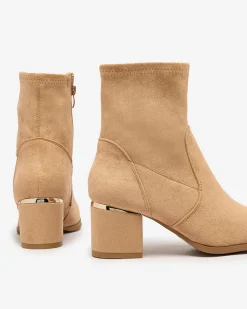 Clearance Jasnobrązowe botki damskie na niskim słupku Rejerra Botki Bez Ocieplenia|Botki Na Słupku