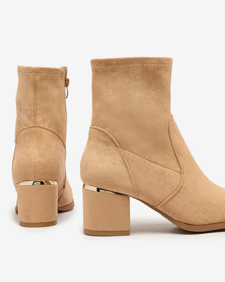 Clearance Jasnobrązowe botki damskie na niskim słupku Rejerra Botki Bez Ocieplenia|Botki Na Słupku