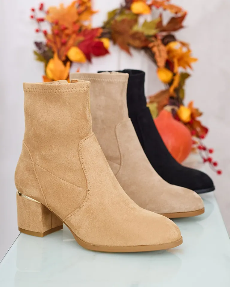 Clearance Jasnobrązowe botki damskie na niskim słupku Rejerra Botki Bez Ocieplenia|Botki Na Słupku