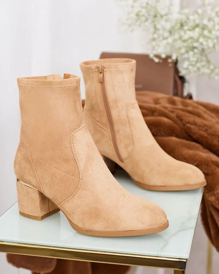Clearance Jasnobrązowe botki damskie na niskim słupku Rejerra Botki Bez Ocieplenia|Botki Na Słupku