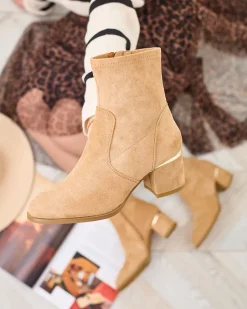 Clearance Jasnobrązowe botki damskie na niskim słupku Rejerra Botki Bez Ocieplenia|Botki Na Słupku