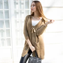 Sale Jasnobrązowy damski miękki długi sweter narzutka Swetry