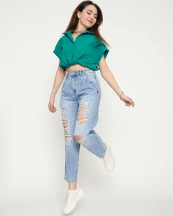 Discount Jasnoniebieskie damskie spodnie jeansowe z dziurami Jeansy