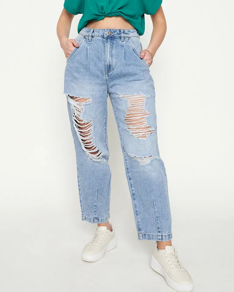 Discount Jasnoniebieskie damskie spodnie jeansowe z dziurami Jeansy