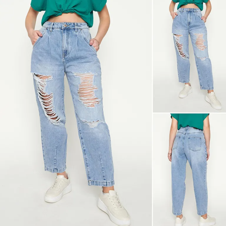 Discount Jasnoniebieskie damskie spodnie jeansowe z dziurami Jeansy