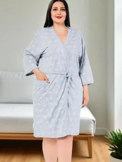 Hot Jasnoszary damski bawełniany szlafrok w serduszka PLUS SIZE Szlafroki|Plus Size
