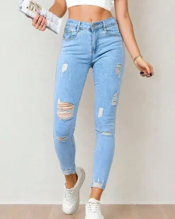 New Jeansy damskie typu rurki z przetarciami Jeansy