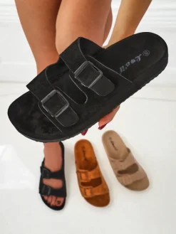 Sale Klapki damskie z eko zamszu z klamerkami Bella Duo Klapki Płaskie