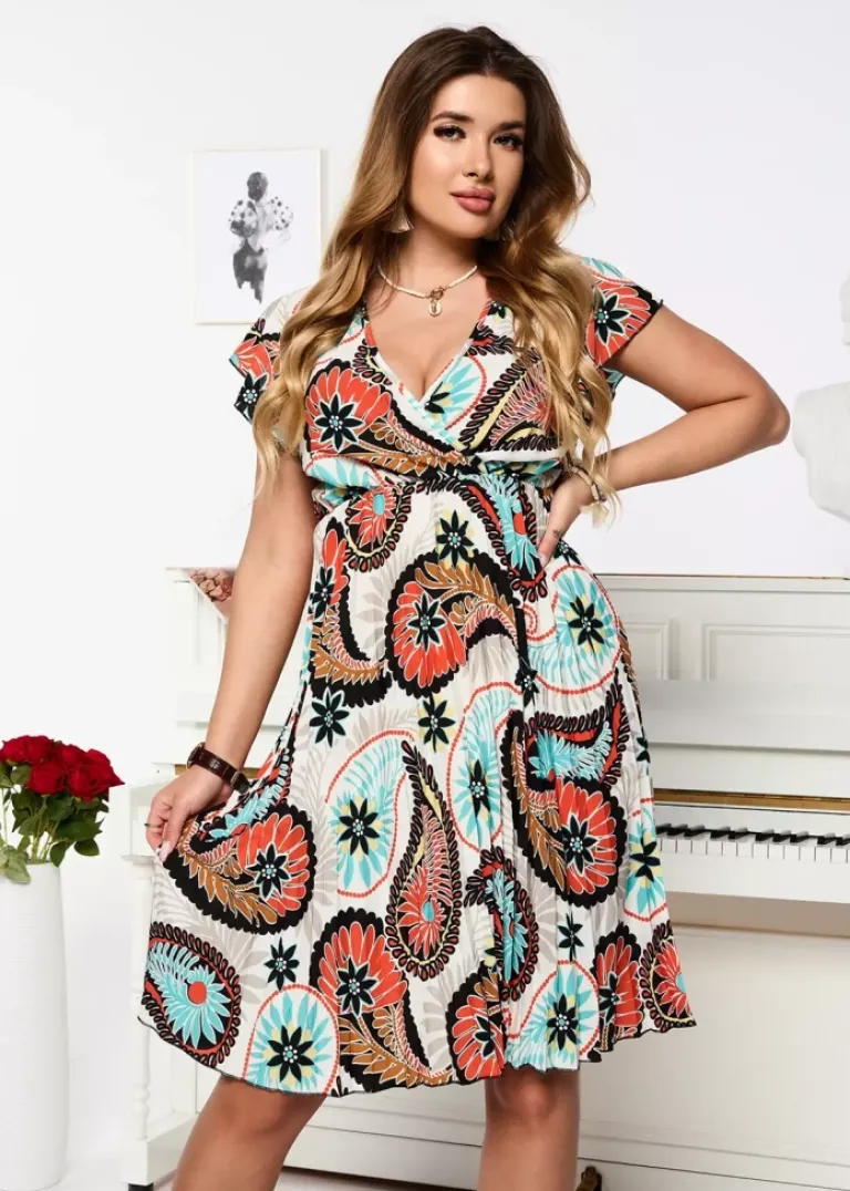 New Kolorowa sukienka damska za kolano z printem Sukienki Letnie|Sukienki Długie