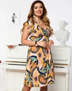 Outlet Kolorowa sukienka damska za kolano z printem Sukienki Letnie|Sukienki Długie