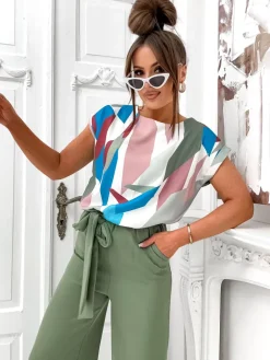 Outlet Kombinezon damski z szerokimi spodniami i wzorzystą bluzką z krótkim rękawem Kombinezony