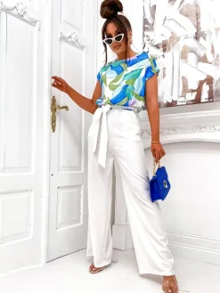 Best Kombinezon damski z szerokimi spodniami i wzorzystą bluzką z krótkim rękawem Kombinezony
