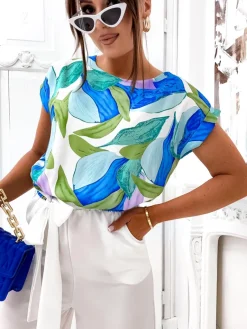 Best Kombinezon damski z szerokimi spodniami i wzorzystą bluzką z krótkim rękawem Kombinezony