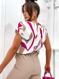 Clearance Kombinezon damski z szerokimi spodniami i wzorzystą bluzką z krótkim rękawem Kombinezony