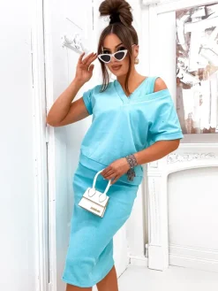 Best Komplet damski z bluzą odsłaniaj i sukienką do kolan Damskie Komplety Damskie