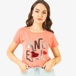 Online owy damski t-shirt z napisem z cekinów Bluzki / Koszule / Koszulki