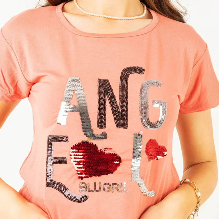 Online owy damski t-shirt z napisem z cekinów Bluzki / Koszule / Koszulki