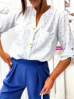 Online Koszula damska w paski i cytrynki z dekoltem w serek Bluzki / Koszule / Koszulki