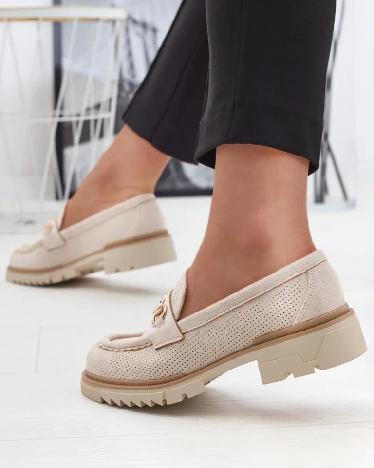 Best Kremowe ażurowe damskie mokasyny z łańcuszkiem Imerila Półbuty|Mokasyny Na Płaskiej Podeszwie