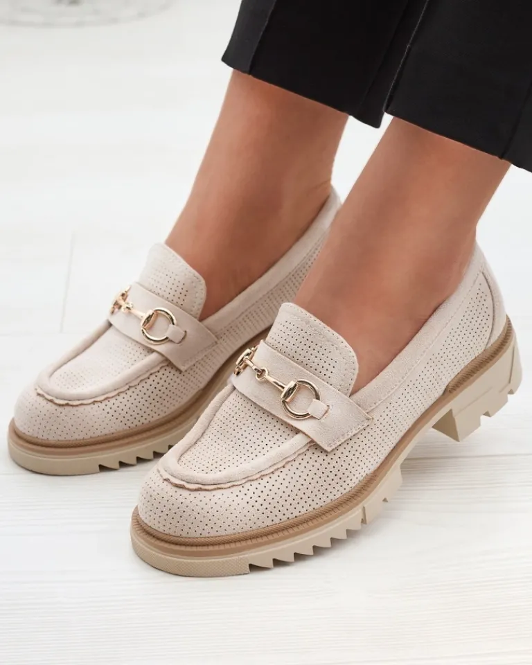 Best Kremowe ażurowe damskie mokasyny z łańcuszkiem Imerila Półbuty|Mokasyny Na Płaskiej Podeszwie