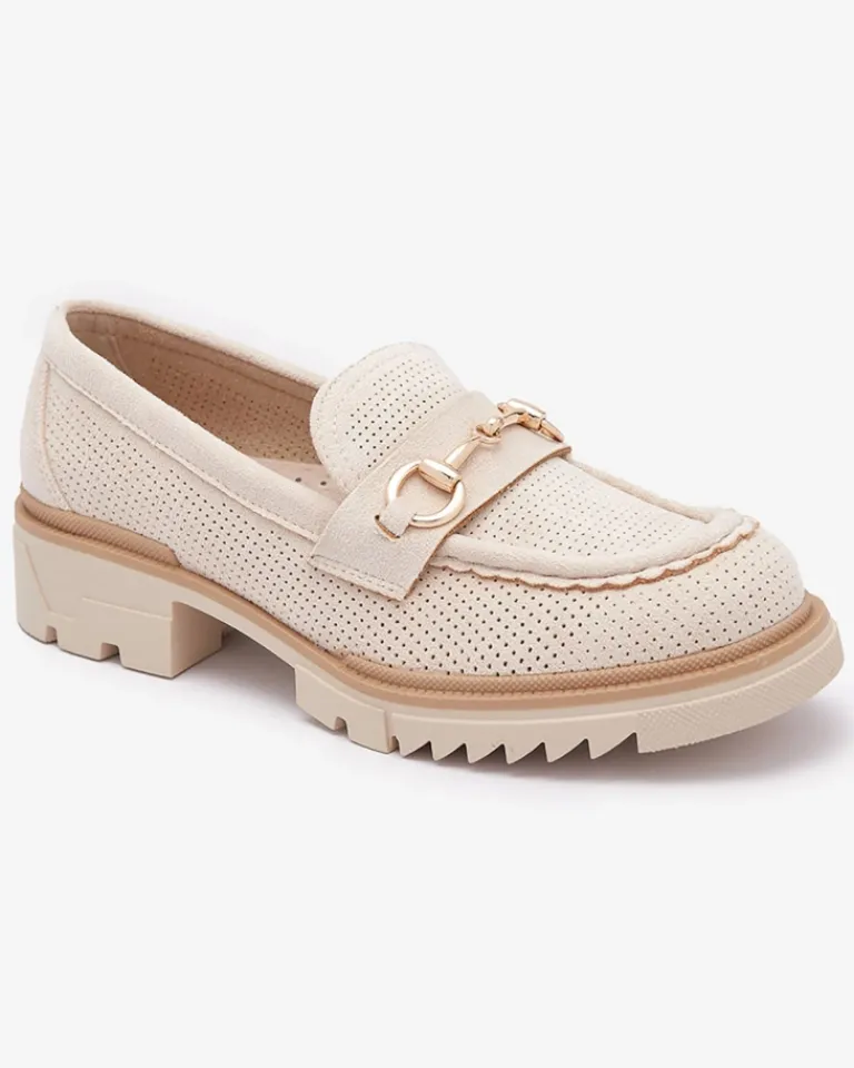 Best Kremowe ażurowe damskie mokasyny z łańcuszkiem Imerila Półbuty|Mokasyny Na Płaskiej Podeszwie