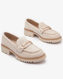 Best Kremowe ażurowe damskie mokasyny z łańcuszkiem Imerila Półbuty|Mokasyny Na Płaskiej Podeszwie