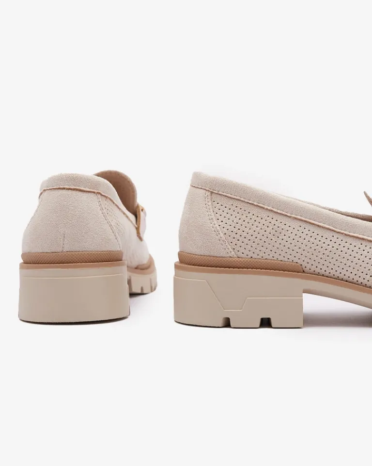 Best Kremowe ażurowe damskie mokasyny z łańcuszkiem Imerila Półbuty|Mokasyny Na Płaskiej Podeszwie