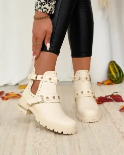 Outlet Kremowe damskie zdobione botki na płaskim obcasie Jewel Walk Botki Bez Ocieplenia|Botki Na Płaskim Obcasie