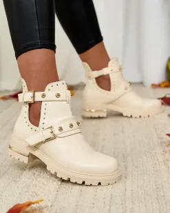 Outlet Kremowe damskie zdobione botki na płaskim obcasie Jewel Walk Botki Bez Ocieplenia|Botki Na Płaskim Obcasie