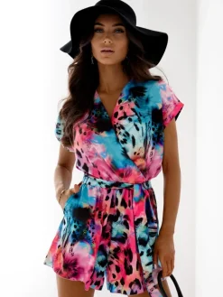 New Krótki i wzorzysty kombinezon damski z kopertowym dekoltem Kombinezony